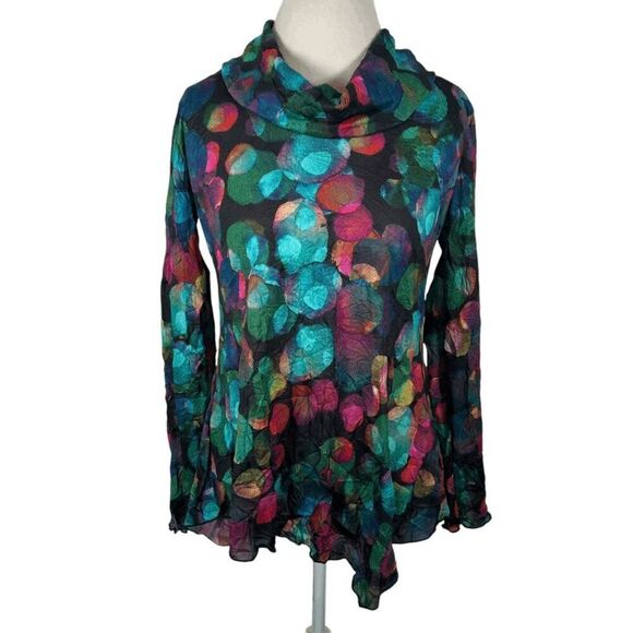 Snoskins Multi Color Dot Print Cowl Neck Top Art to Wear Asymmetrical Hem Size M - Picture 1 of 8